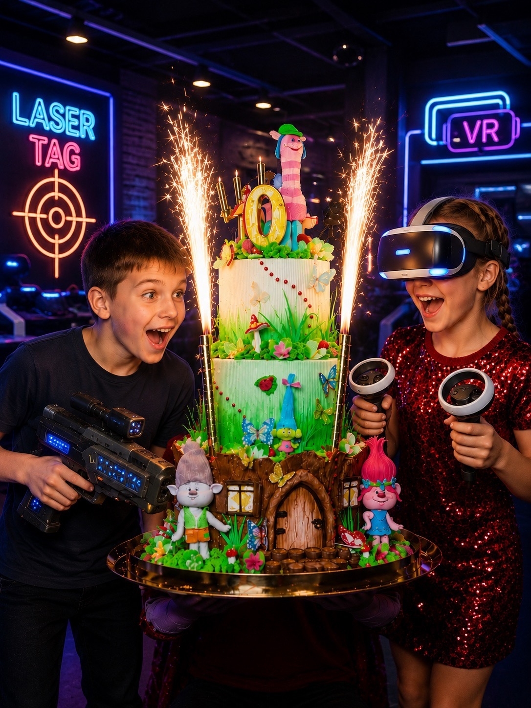Счастливые дети на дне рождения с тортом, в VR-очках и с лазертаг-бластером