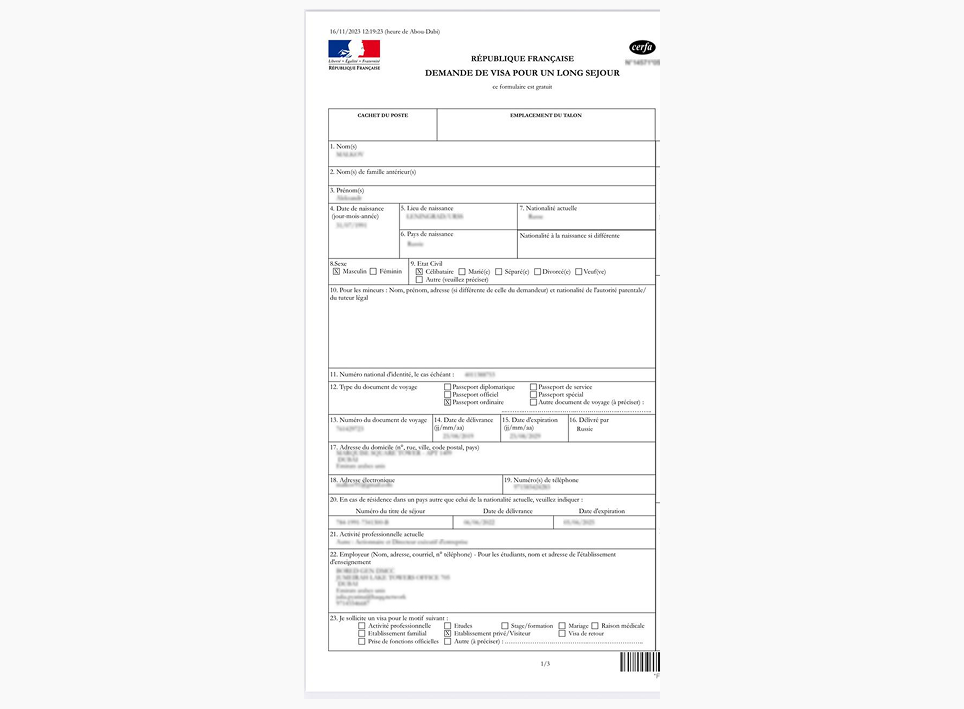 Официальная анкета Demande de visa pour un long séjour, заполненная для россиян на получение долгосрочной визы D по программе ВНЖ Визитер или Паспорт талант.