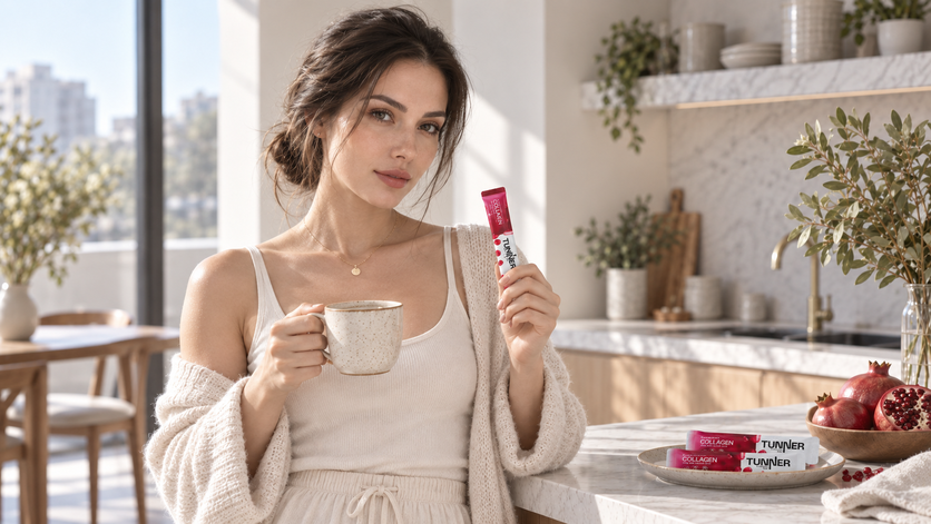 Девушка принимает TUNNER COLLAGEN во время утреннего ритуала