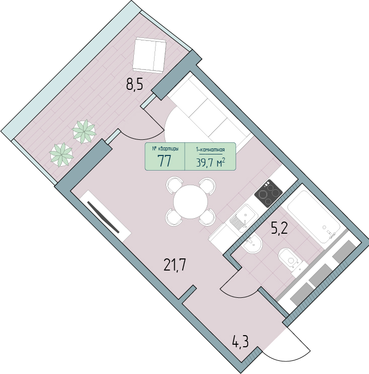 Планировка 1-комнатная 39,7 м²