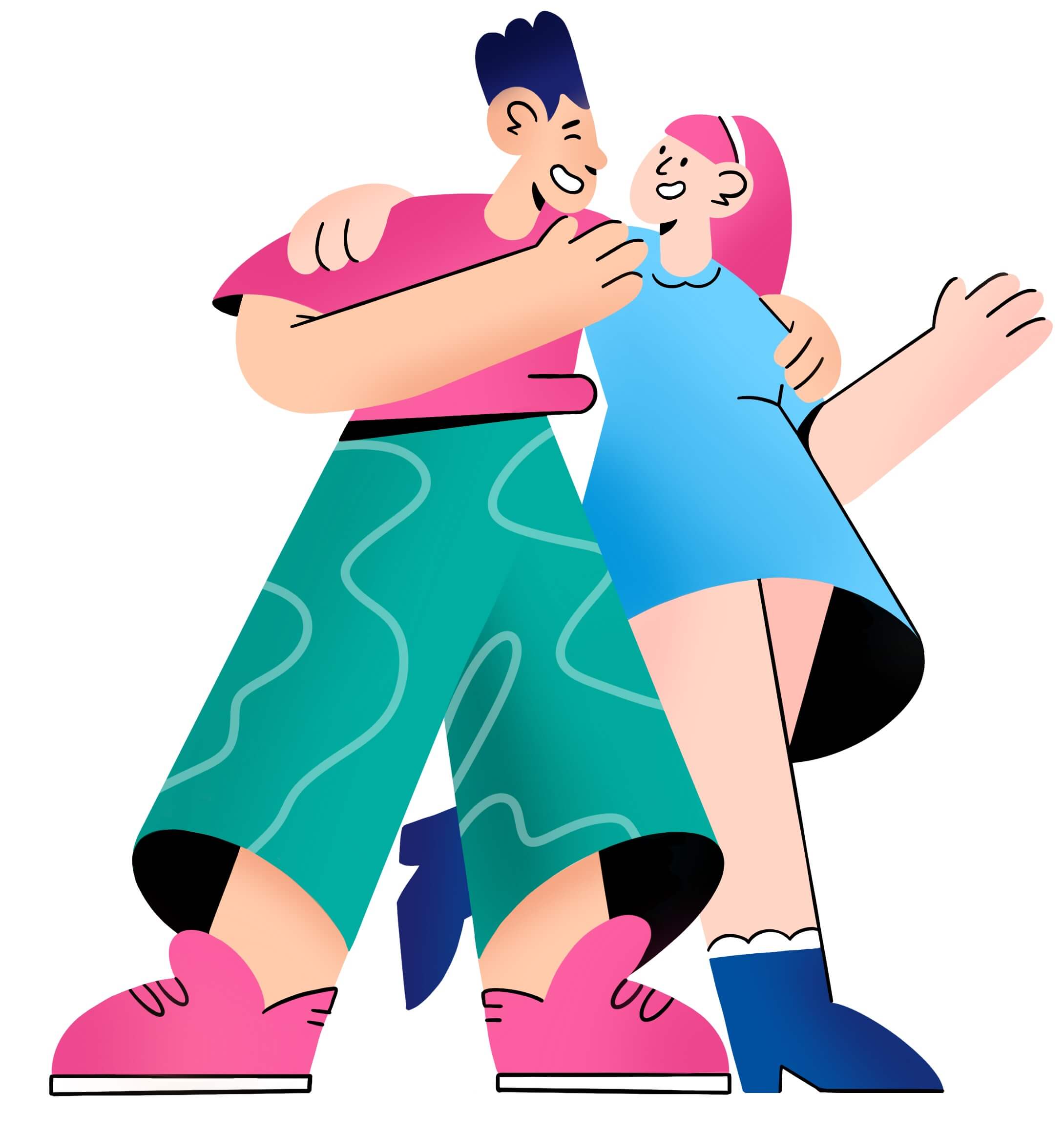 Красочная иллюстрация улыбающейся пары в ярких нарядах – радость общения в искусстве