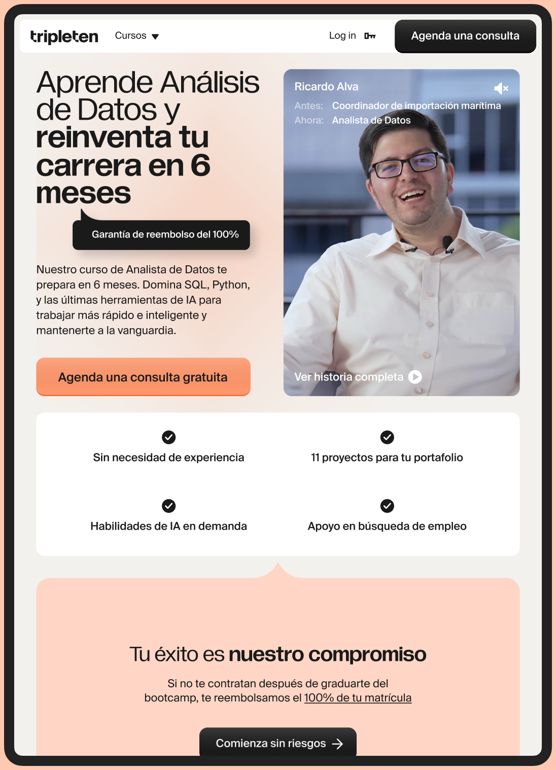 TripleTen Mexico Data Analytics program page, &ldquo;Aprende An&aacute;lisis de Datos: reinventa tu carrera en 6 meses&rdquo;
