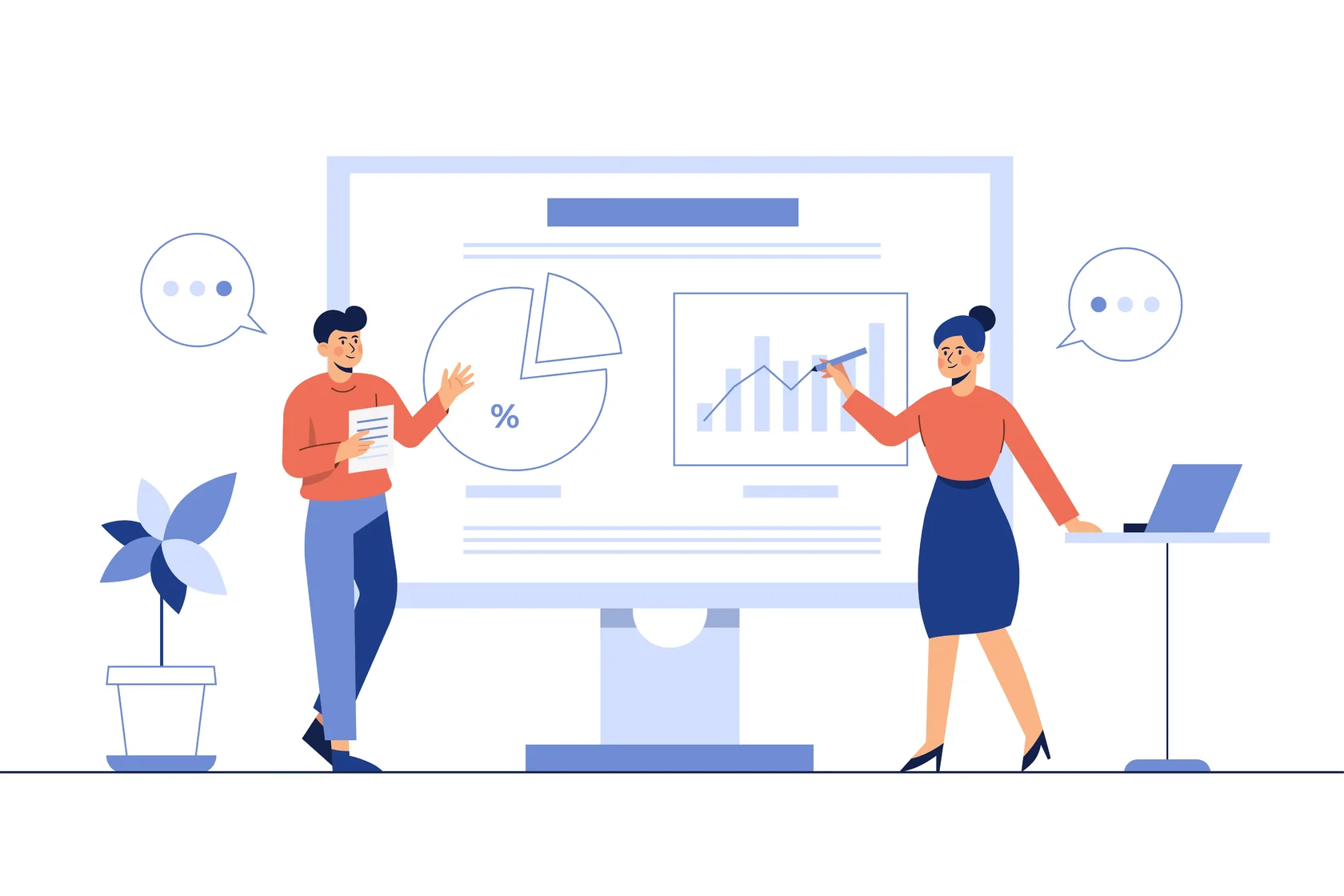 Мужчина и женщина представляют рабочие места перед аудиторией