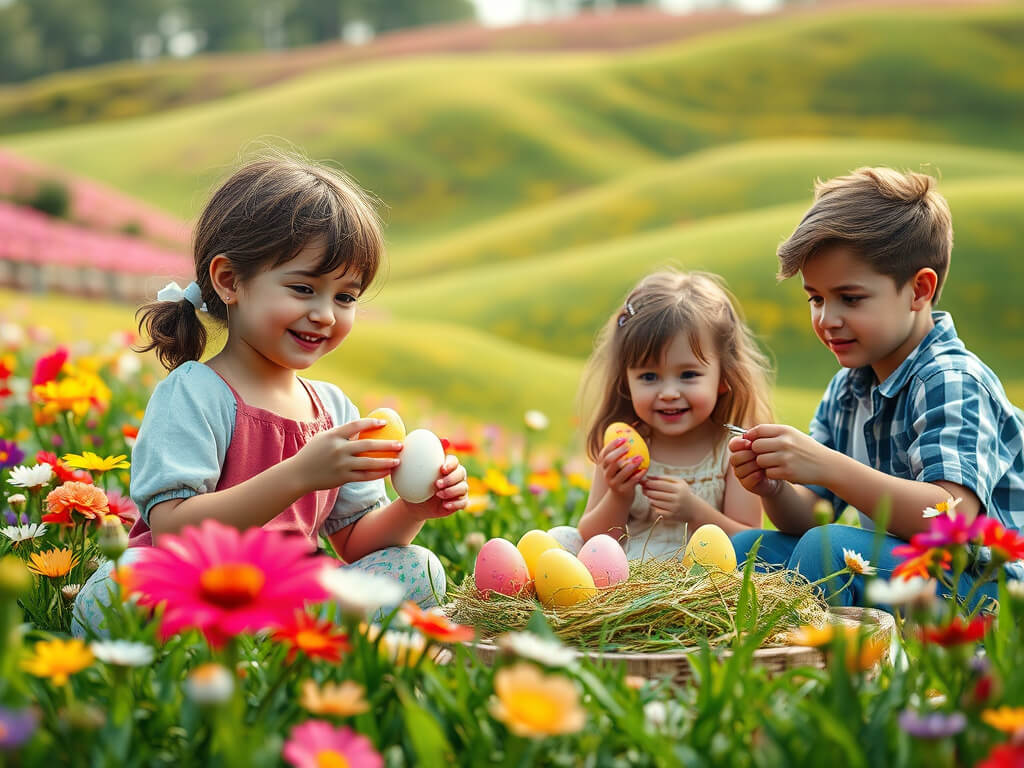 This joyful photo shows three kids having fun with Easter eggs in a bright, blooming spring meadow. The little girl on the left holds a colorful egg with a big smile, the one in the center is full of wonder, and the boy on the right is carefully decoratin