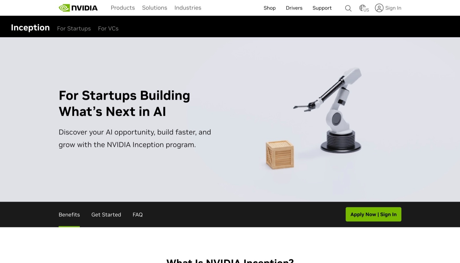 NVIDIA Inception homepage screenshot: NVIDIA's free programme for AI startups