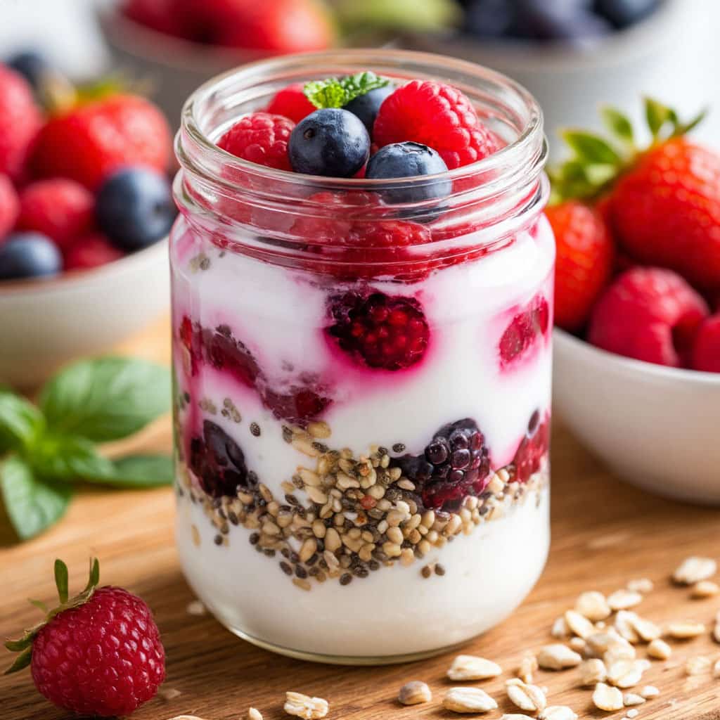 Стеклянная баночка с домашним йогуртом, украшенная ягодами и семенами — идеальный ПП-завтрак