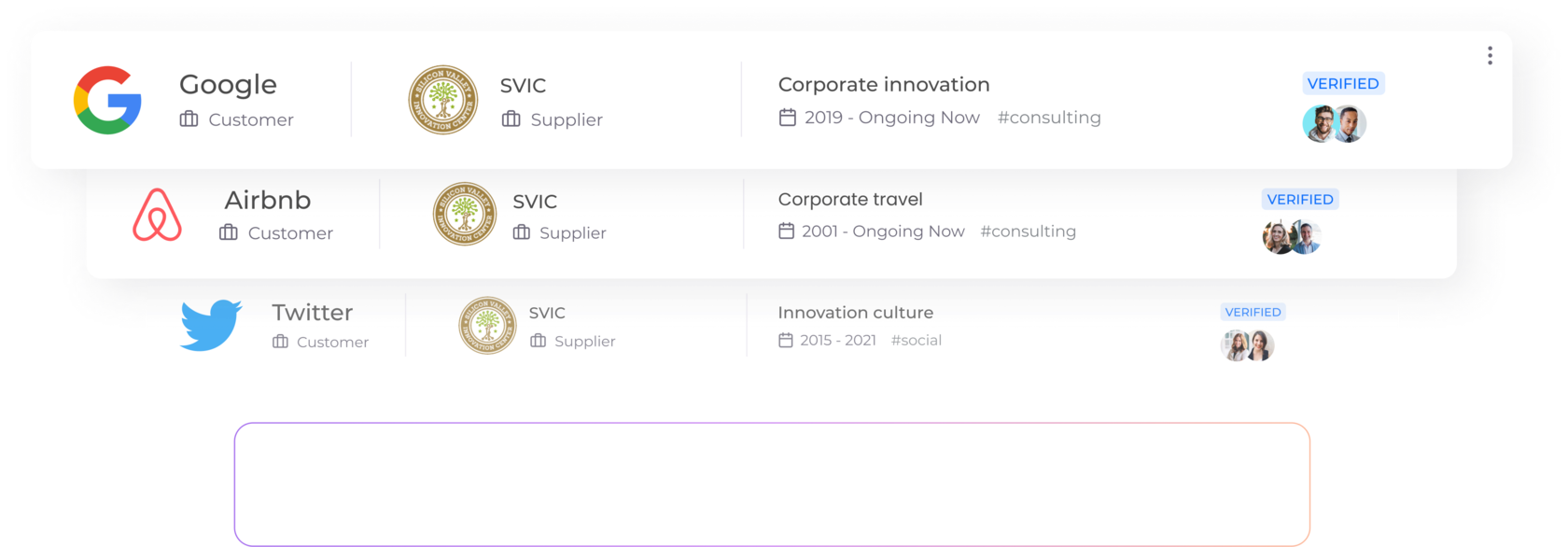 Business relationship cards with other companies