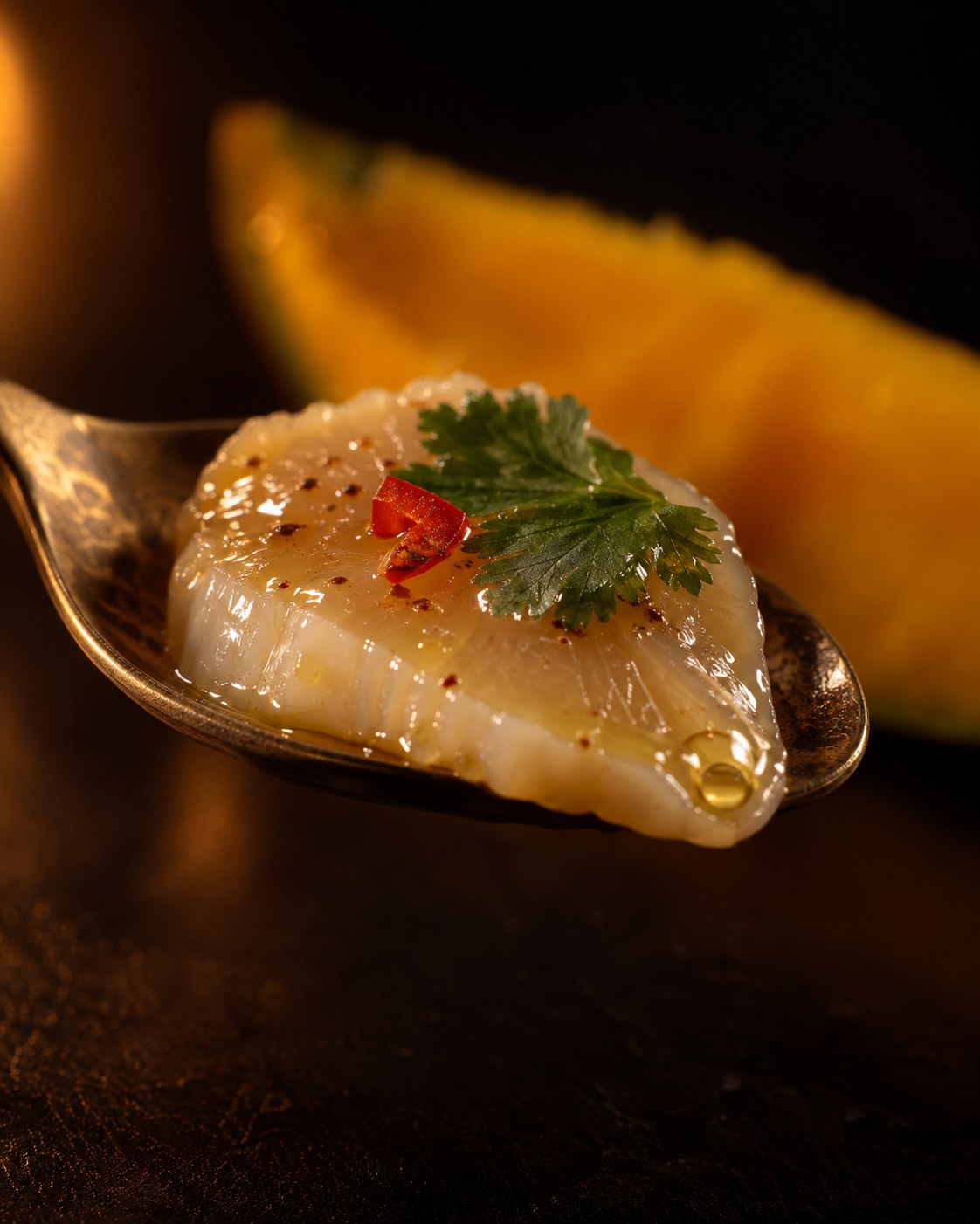A slice of marinated scallop on a spoon, edges opaque and center translucent, with a fleck of chili and a cilantro leaf, close up