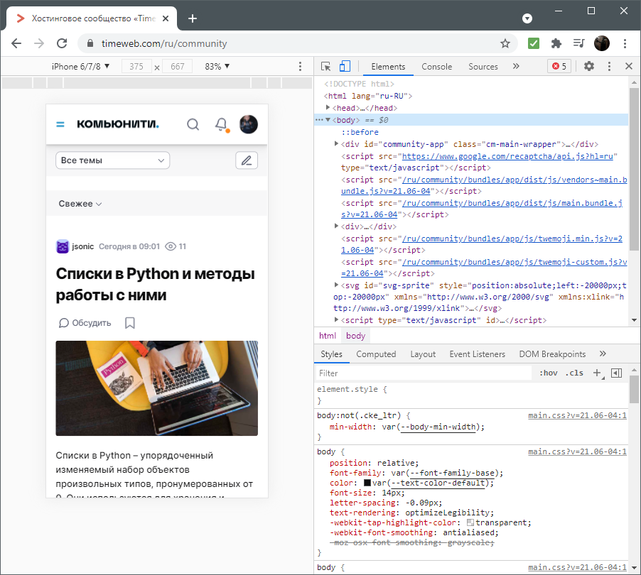 Вид страницы в браузере при разборе темы frontend