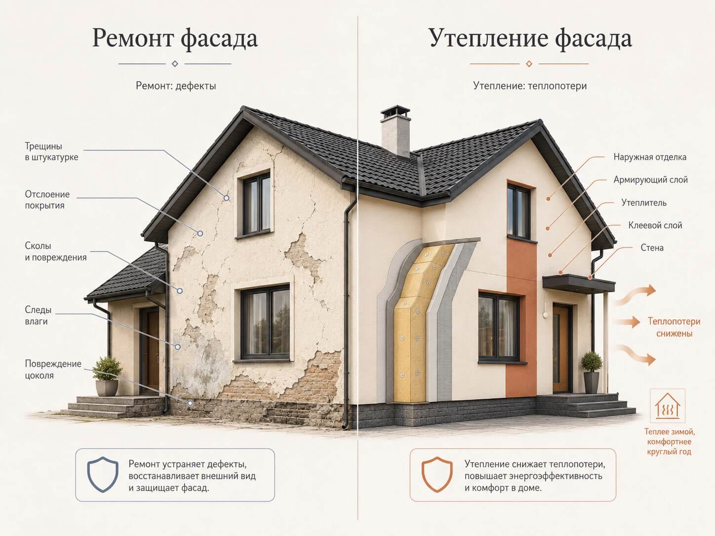 Инфографика о разнице между ремонтом фасада и утеплением: ремонт устраняет дефекты, а утепление снижает теплопотери дома.