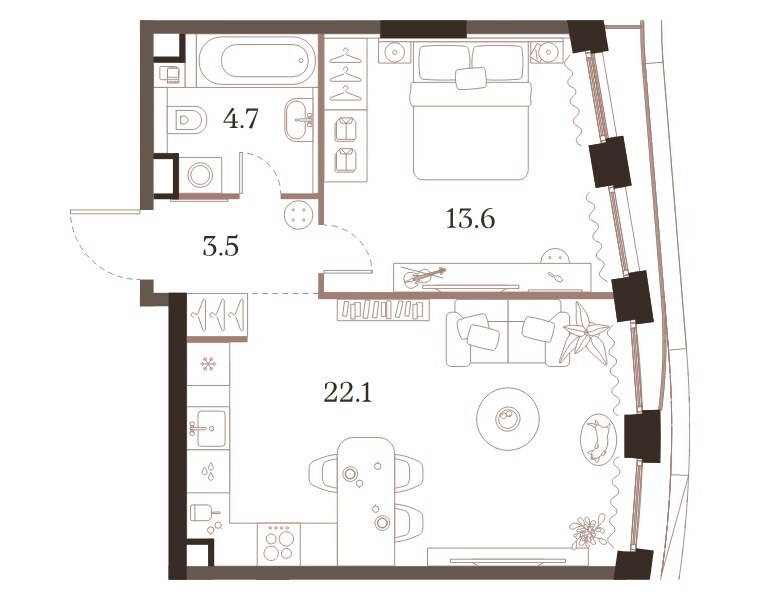 Планировка: 1-комнатная квартира 43,9 м² в ЖК «МУЗА», корпус 1, 3-й этаж