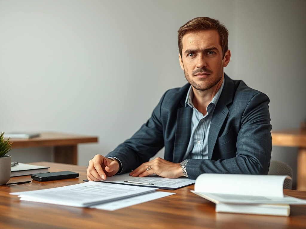 The image shows a real estate seller in casual clothes, sitting at a desk with documents, looking at the papers with a neutral expression. Nearby are contracts and a purchase offer that was never delivered. In the background, the real estate agent stands 