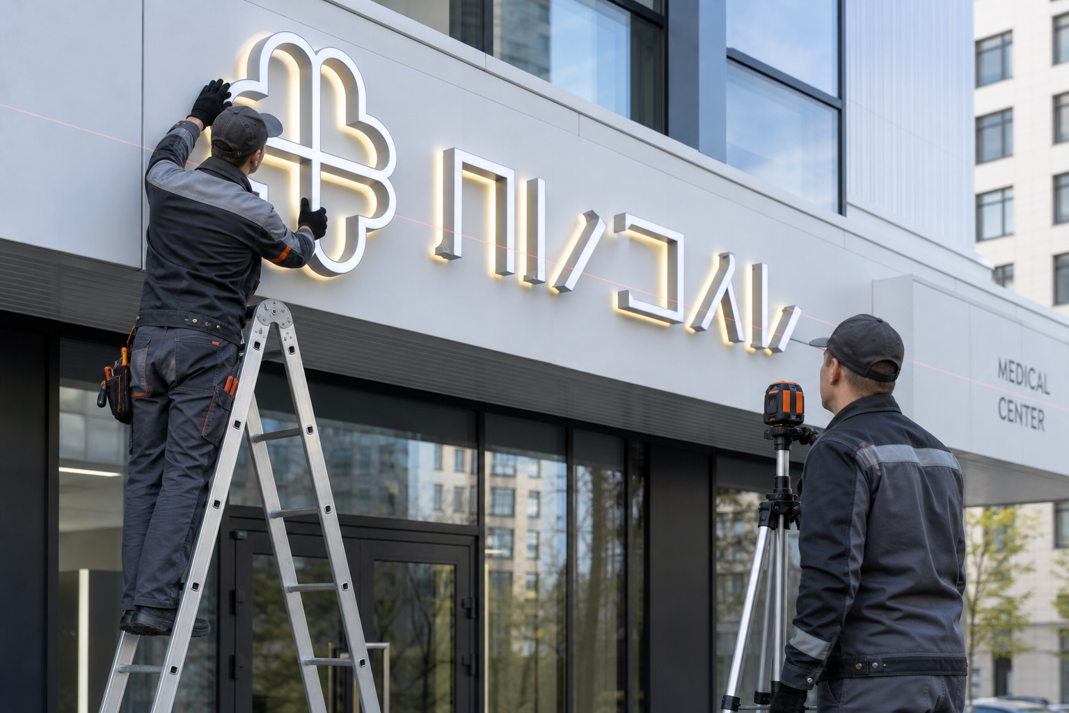 Монтаж световой вывески клиники на фасаде медицинского центра