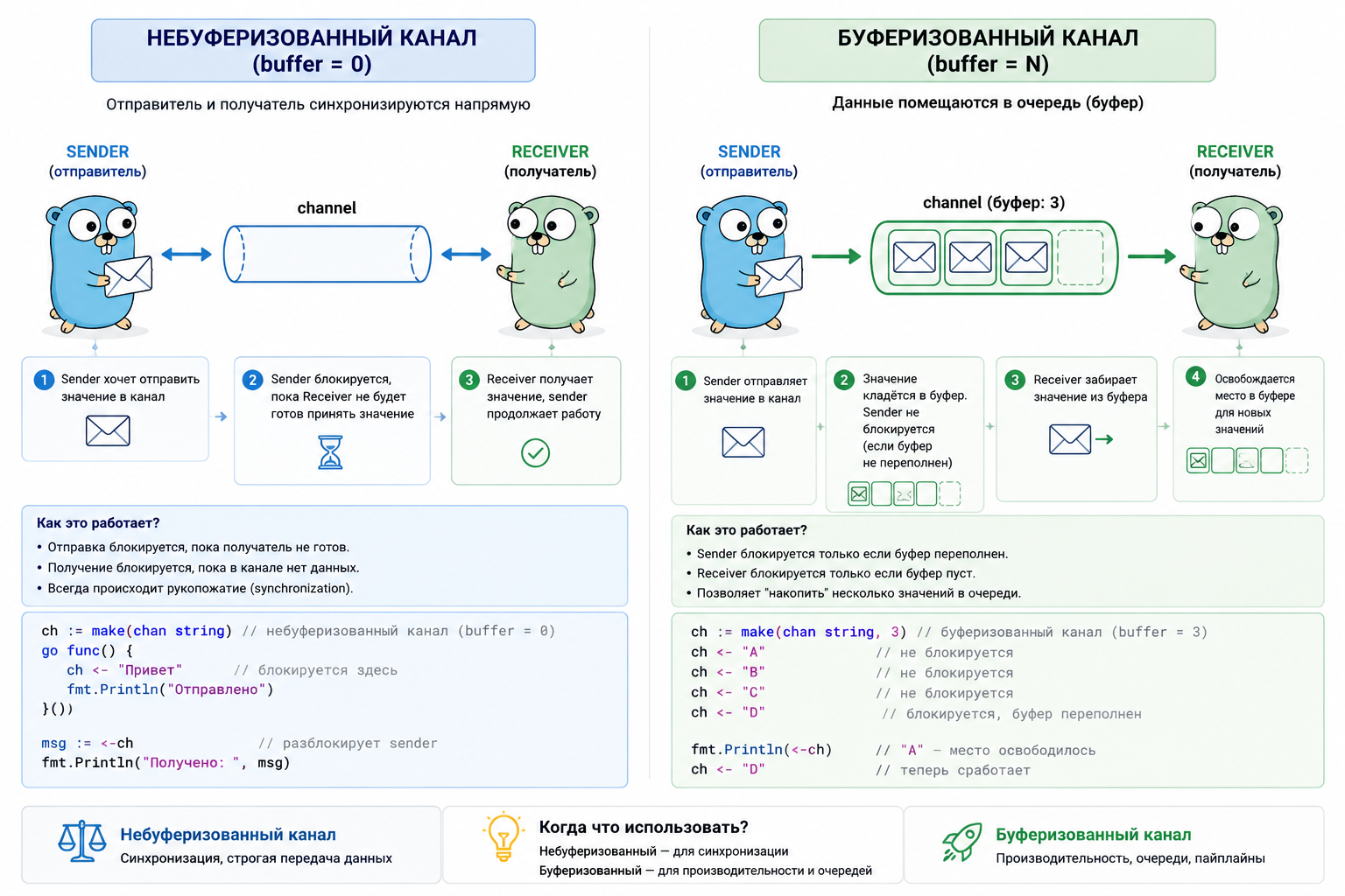 Сравнение небуферизованных и буферизованных каналов Golang