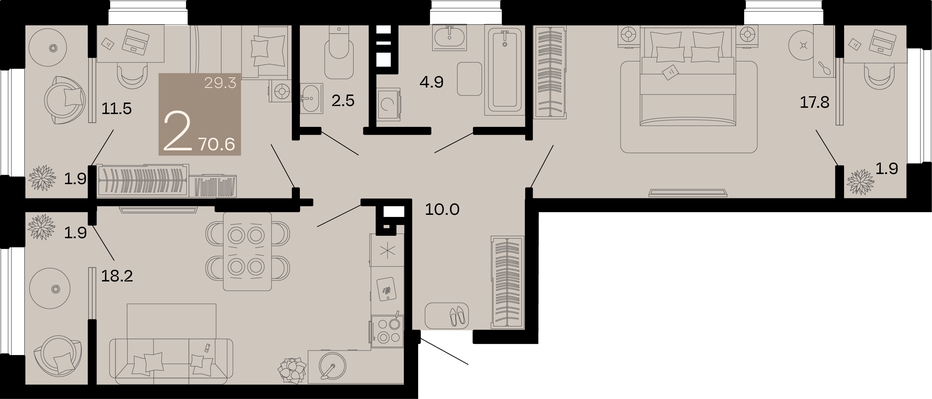 Двухкомнатная квартира 70.6 м²