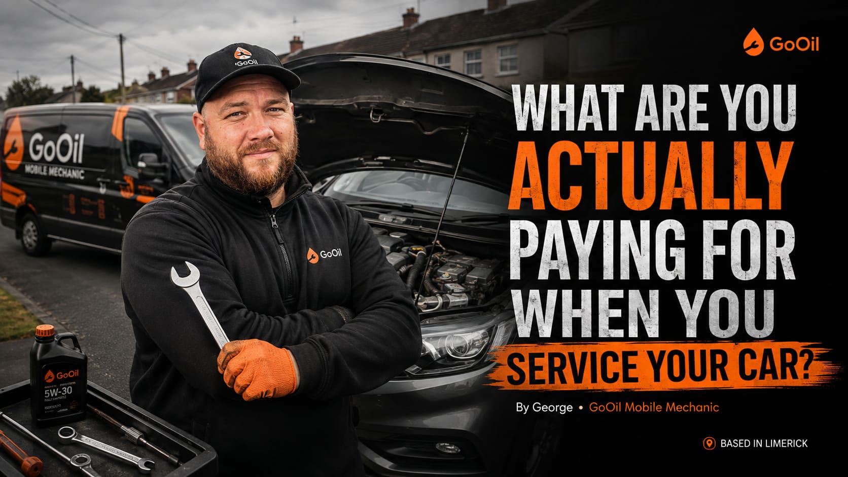GoOil mobile mechanic standing beside a car with the bonnet open in Limerick with the article title What Are You Actually Paying For When You Service Your Car