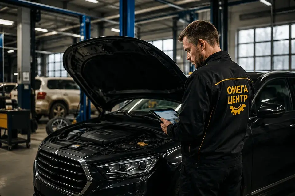 Мастер автосервиса Омега Центр проводит диагностику автомобиля