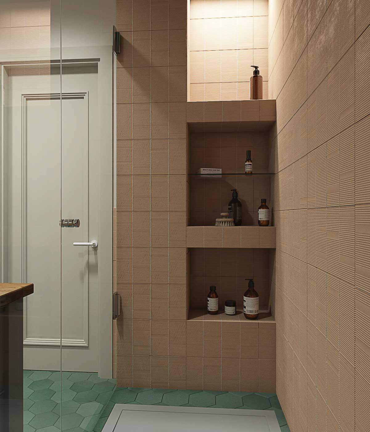 Полочки в душевой из плитки. поддон композитный в душе