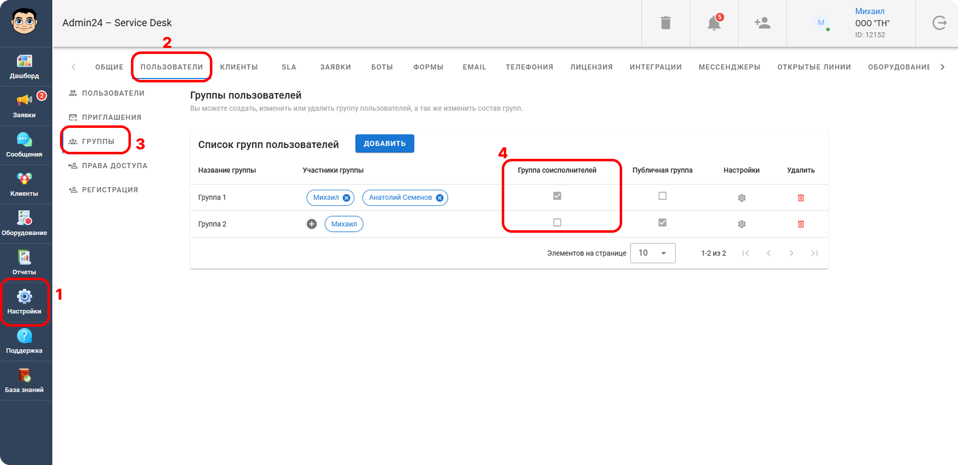 Группы соисполнителей в Admin24