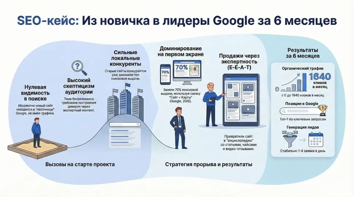 Инфографика: SEO-кейс: из новичка в лидеры Google за 6 месяцев