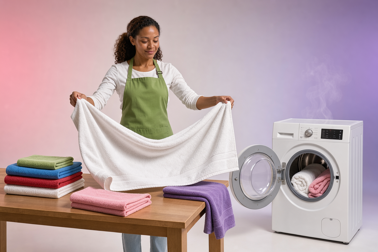 Freshly dried towels being shaken out and folded on a wooden surface next to a drying machine with gentle steam and soft light