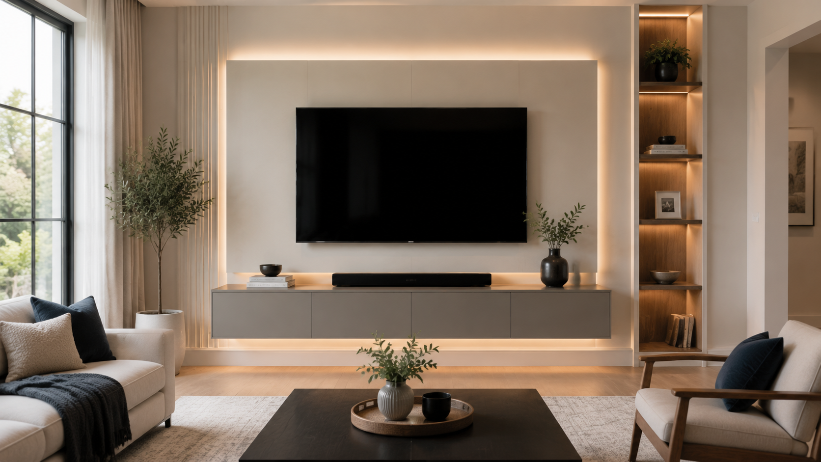 Simple custom TV media wall with concealed wiring, a floating cabinet, smooth painted panels, and warm LED backlighting.
