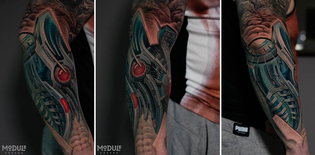 Cyberpunk forearm tattoo featuring a glowing red generator and gray metal plates, by Rinat Mingazdinov, Los Angeles, West Hollywood