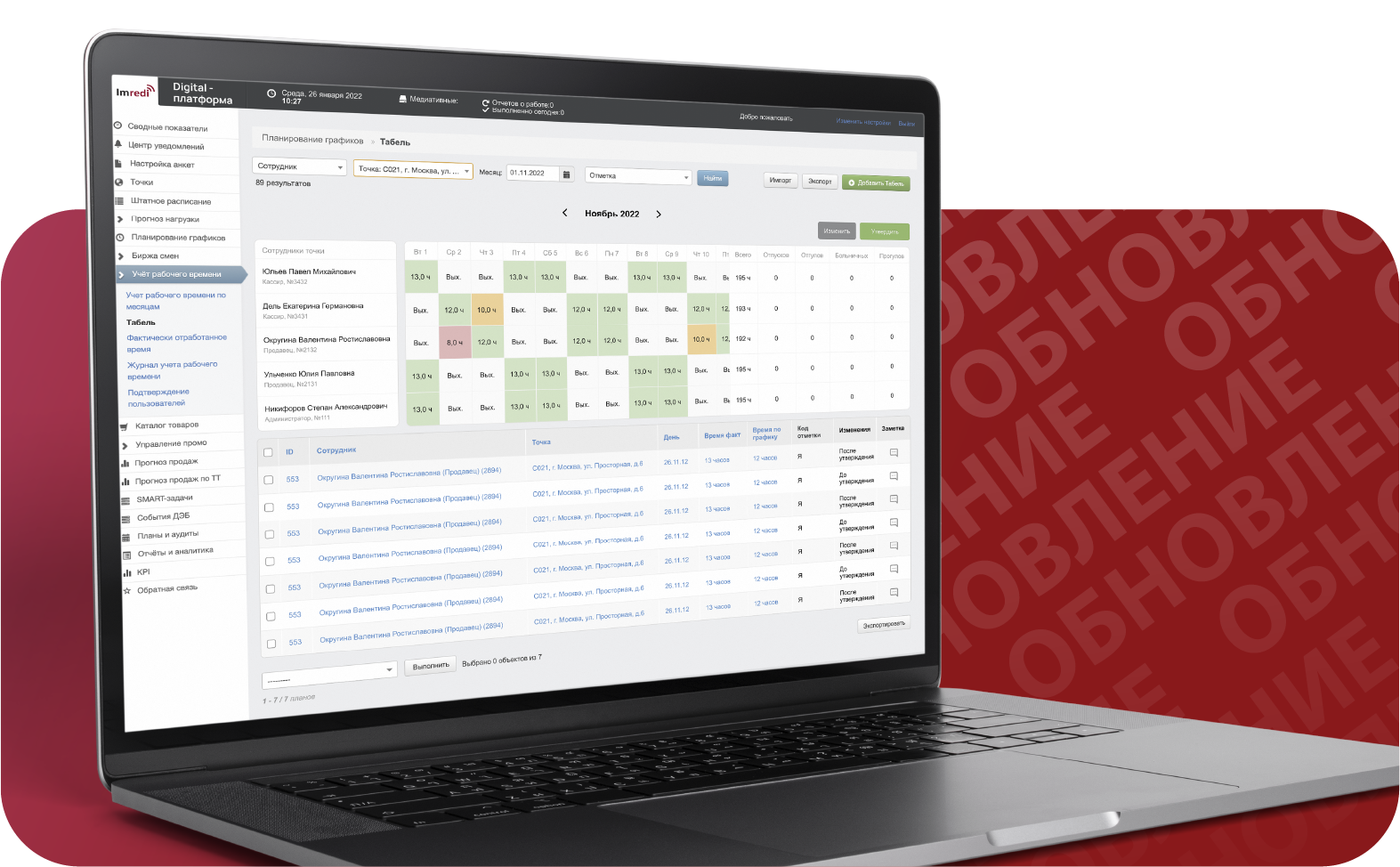 Учёт рабочего времени в цифровой платформе Imredi