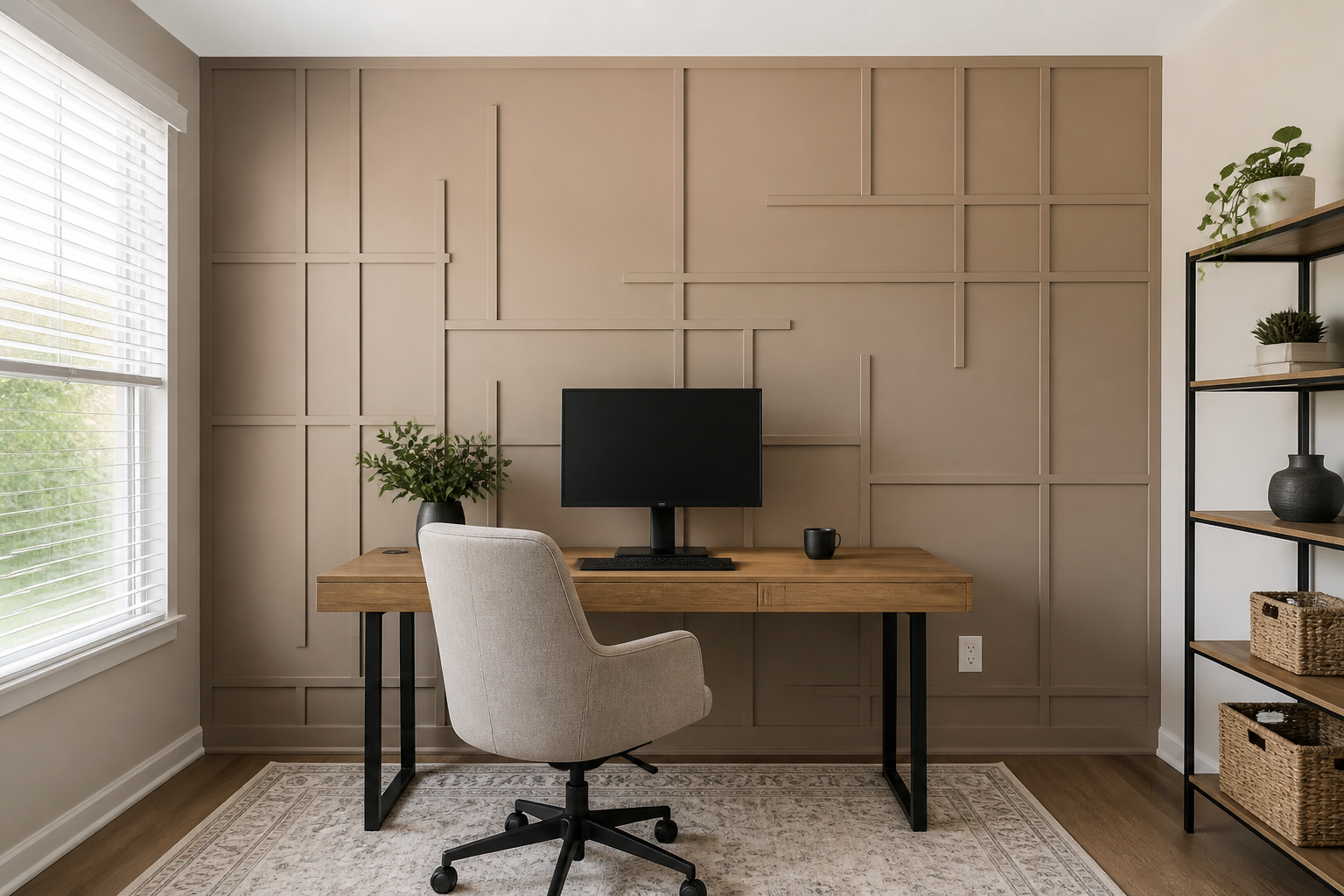 Modern home office with an asymmetrical geometric trim accent wall painted in a muted clay-taupe color