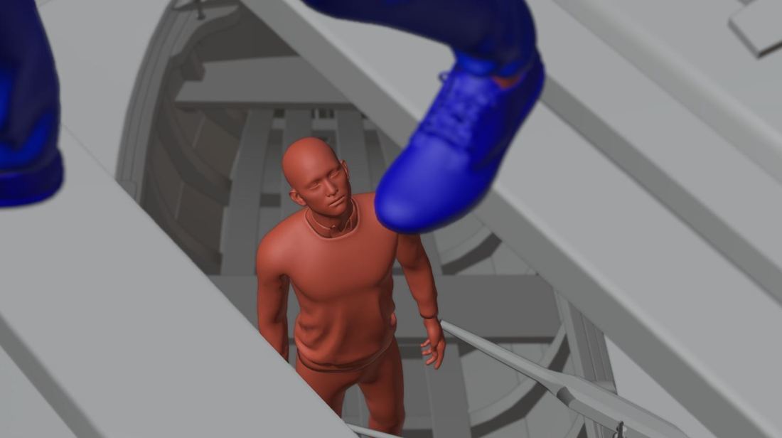 Blender: ракурс снизу через доски, красная болванка смотрит вверх