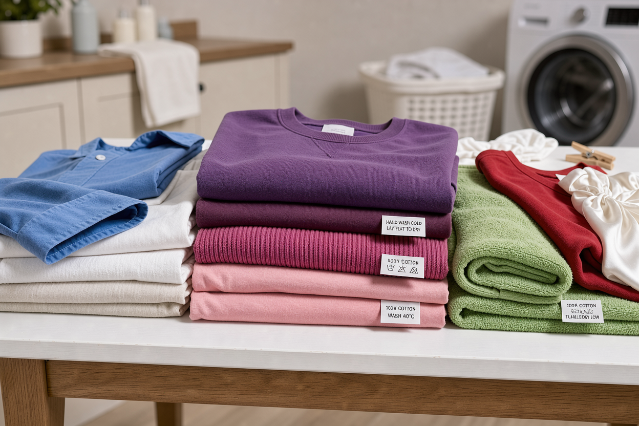 pile of laundered clothes sorted by color and fabric on a wooden table, visible care labels, neutral home laundry background