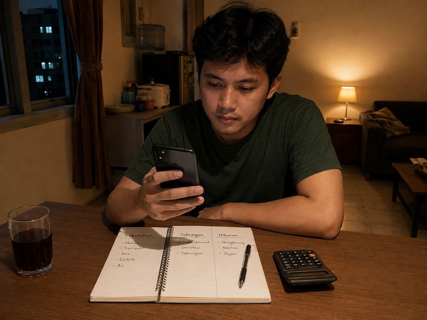 Pekerja muda memeriksa riwayat pengeluaran QRIS dan catatan anggaran mingguan