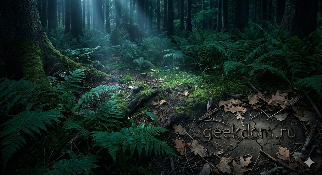 Заросли папоротника в темном ночном лесу.