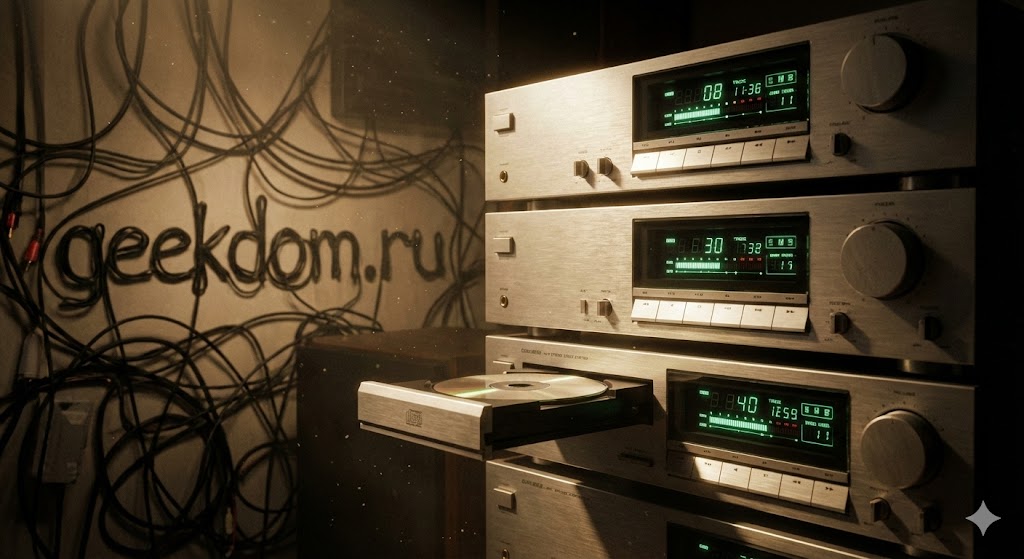 Винтажная Hi-Fi стереосистема 80-х годов с открытым лотком для CD