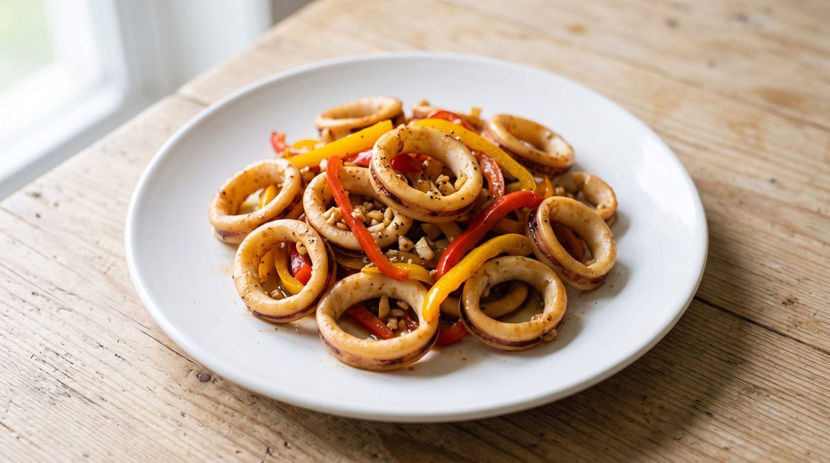 Кальмары с чесноком и болгарским перцем