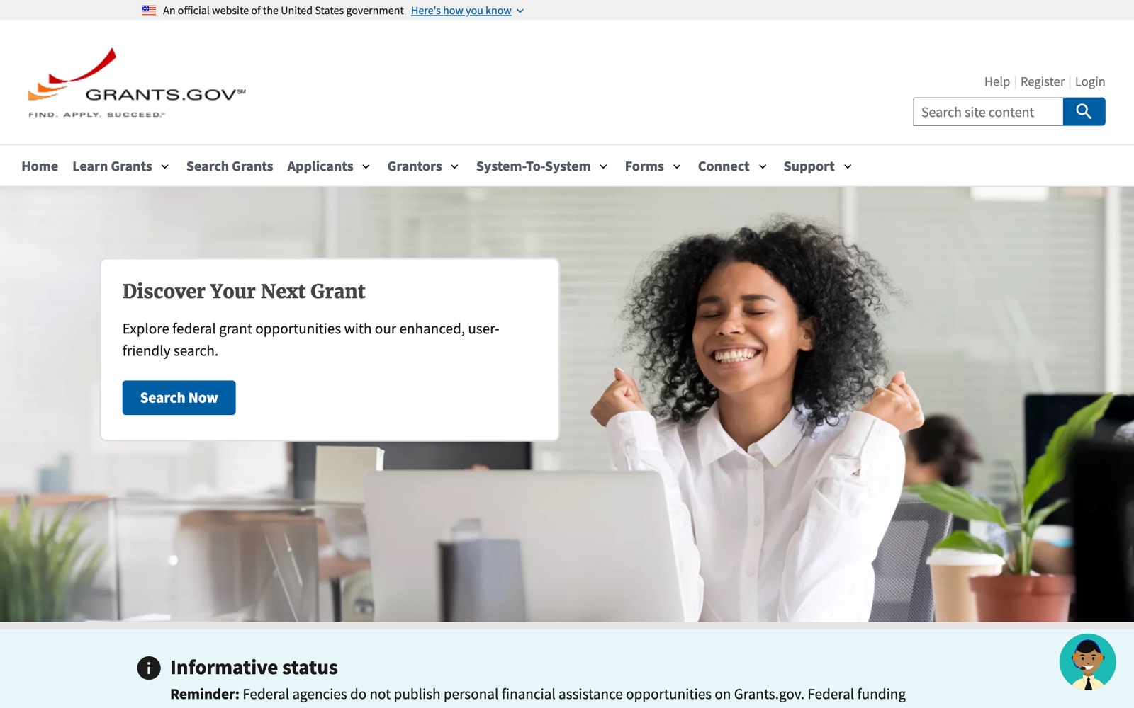 Grants.gov homepage screenshot: US federal grant opportunities database