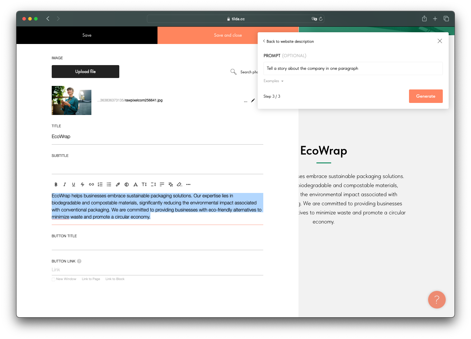 Generate website copy by using ai artificial intelligence on tilda
