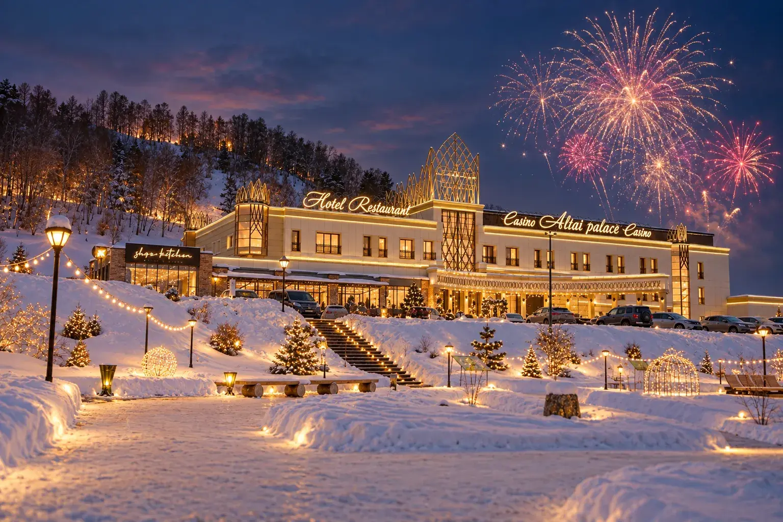 Отель Altai Palace на курорте «Сибирская Монета» зимой, в новогоднем оформлении и с салютом