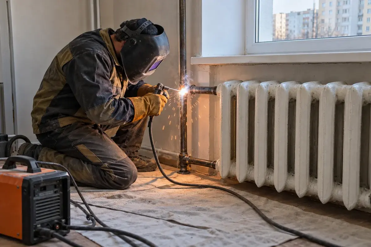 Сварщик в защитной маске сваривает подводку к радиатору отопления
