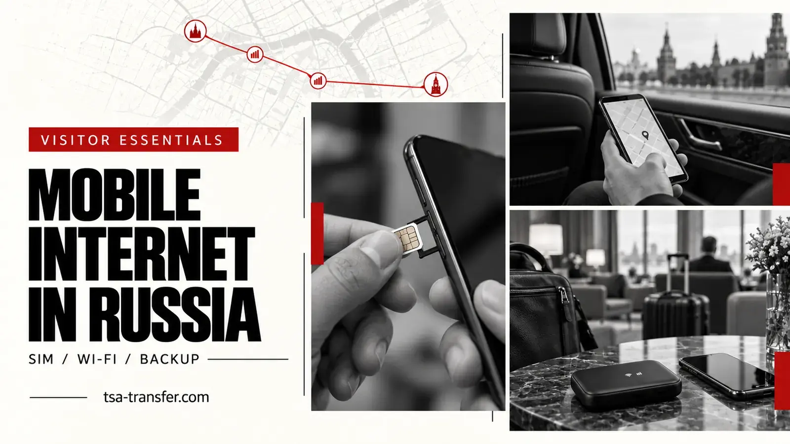 A physical SIM card, mobile map and backup internet device for a trip to Russia