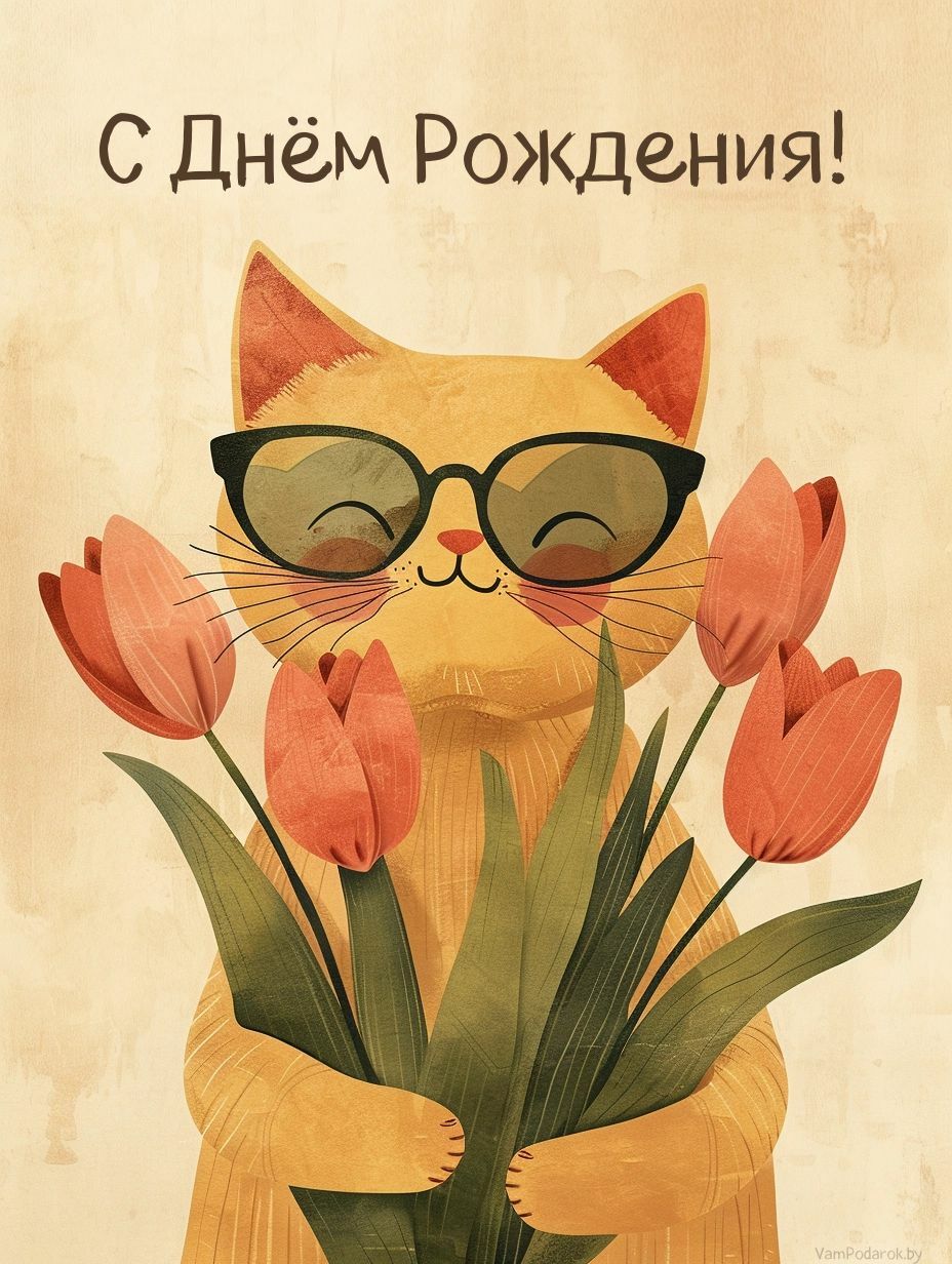 С Днем рождения - открытка с котиком и цветами