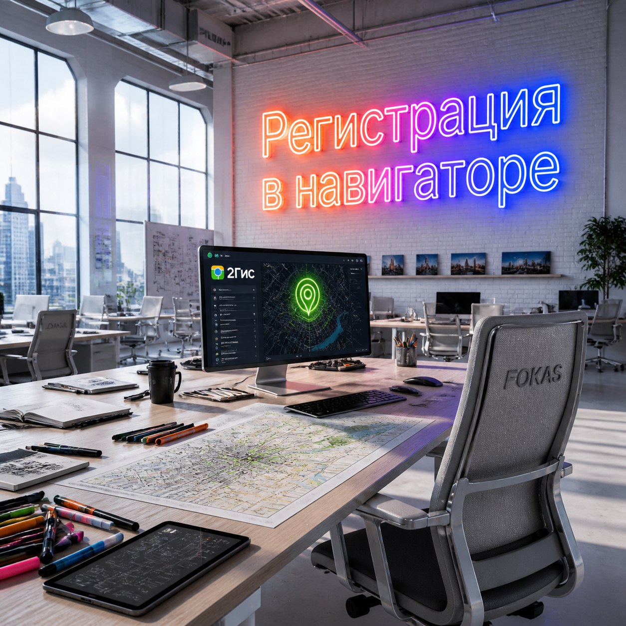 Креативная мастерская с неоновой надписью Регистрация в навигаторе и рабочим столом