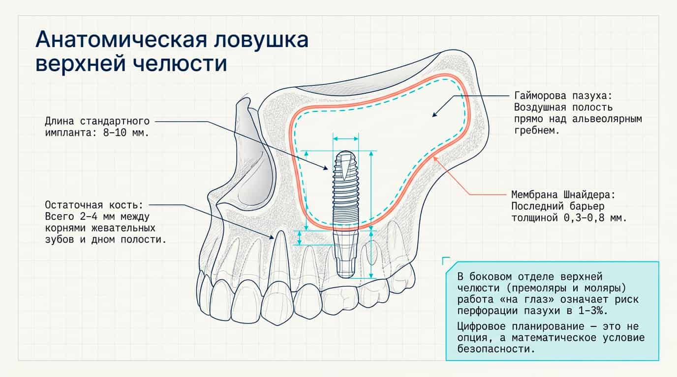 Длина стандартного импланта: 8-10 мм. Остаточная кость: Всего 2-4 мм между корнями жевательных зубов и дном полости.