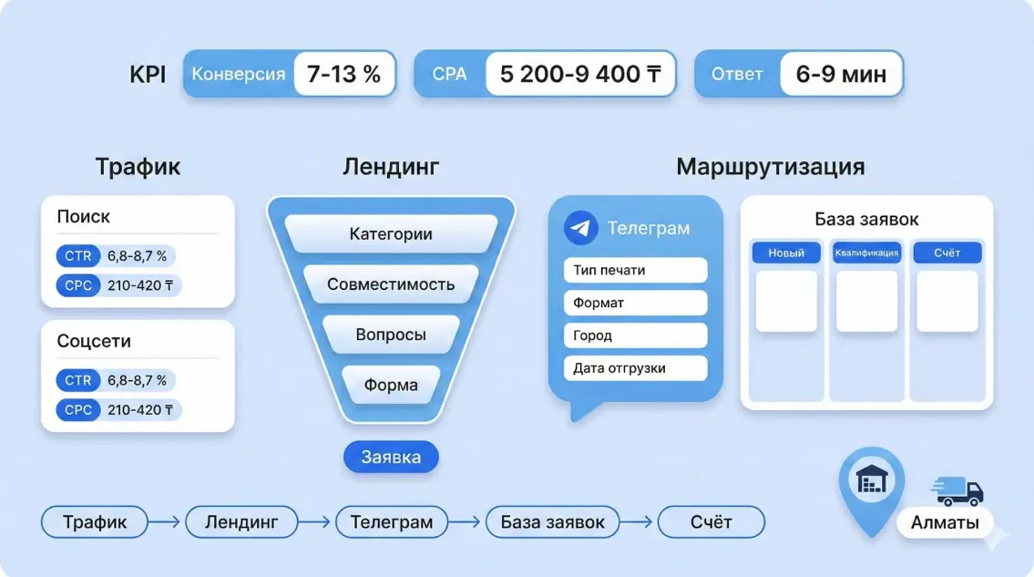Лидогенерация полиграфии: трафик, лендинг, Telegram, CRM, счёт - инфографика, Алматы - Метриум