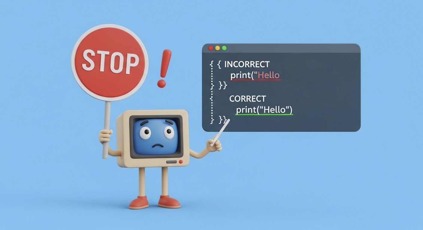 Что такое баг и синтаксис в коде: персонаж-компьютер показывает синтаксическую ошибку (пропущенную скобку), сравнивая правильную и неправильную строки кода.