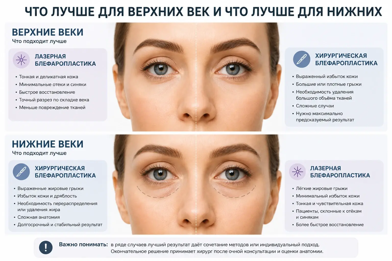 Что лучше для верхних и нижних век - сравнение методов блефаропластики