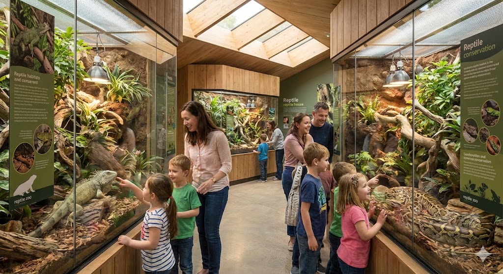 Посетители наблюдают за змеями в современном террариуме зоопарка. 