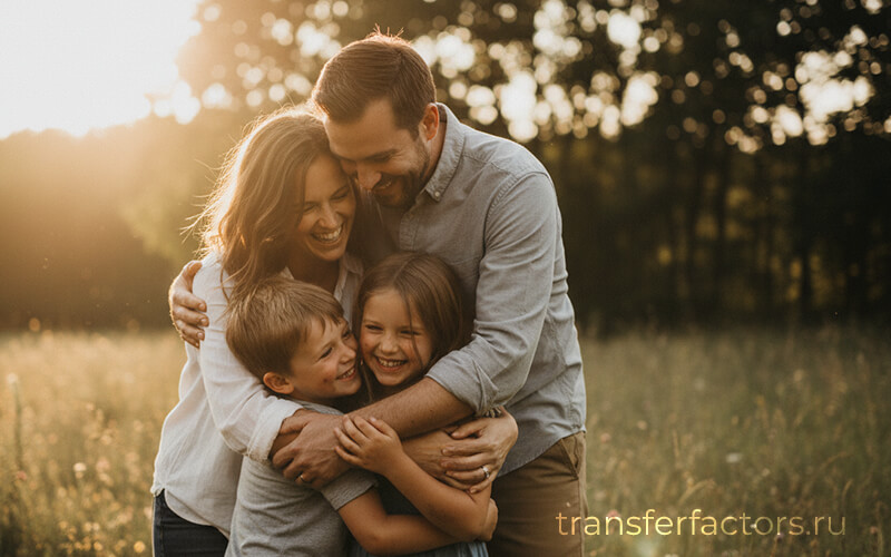 Счастливая семья обнимается на закате в поле — тепло отношений и забота как символ внутреннего баланса; 4Life Transfer Factor Plus