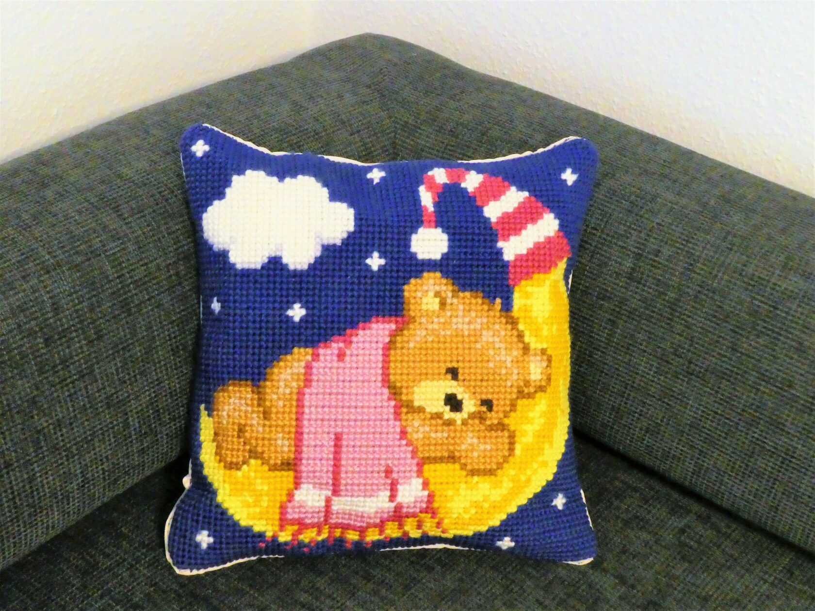 Teddy on a moon pillow case handcraft present girl child room 