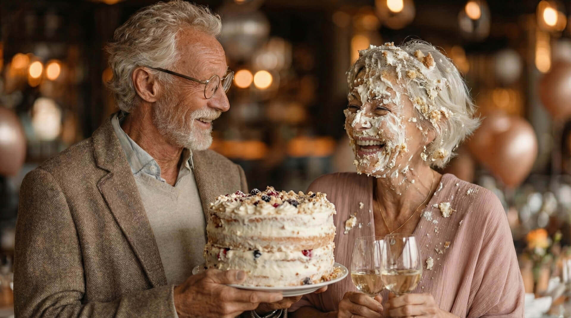 Забавный момент на дне рождения: смеющийся пожилой мужчина с тортом в руках и довольная женщина с бокалами вина, чье лицо полностью испачкано сладким кремом.